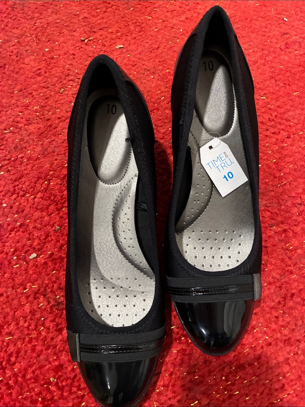 Time and Tru Black Women's Wedge with Glossy Cap Toe